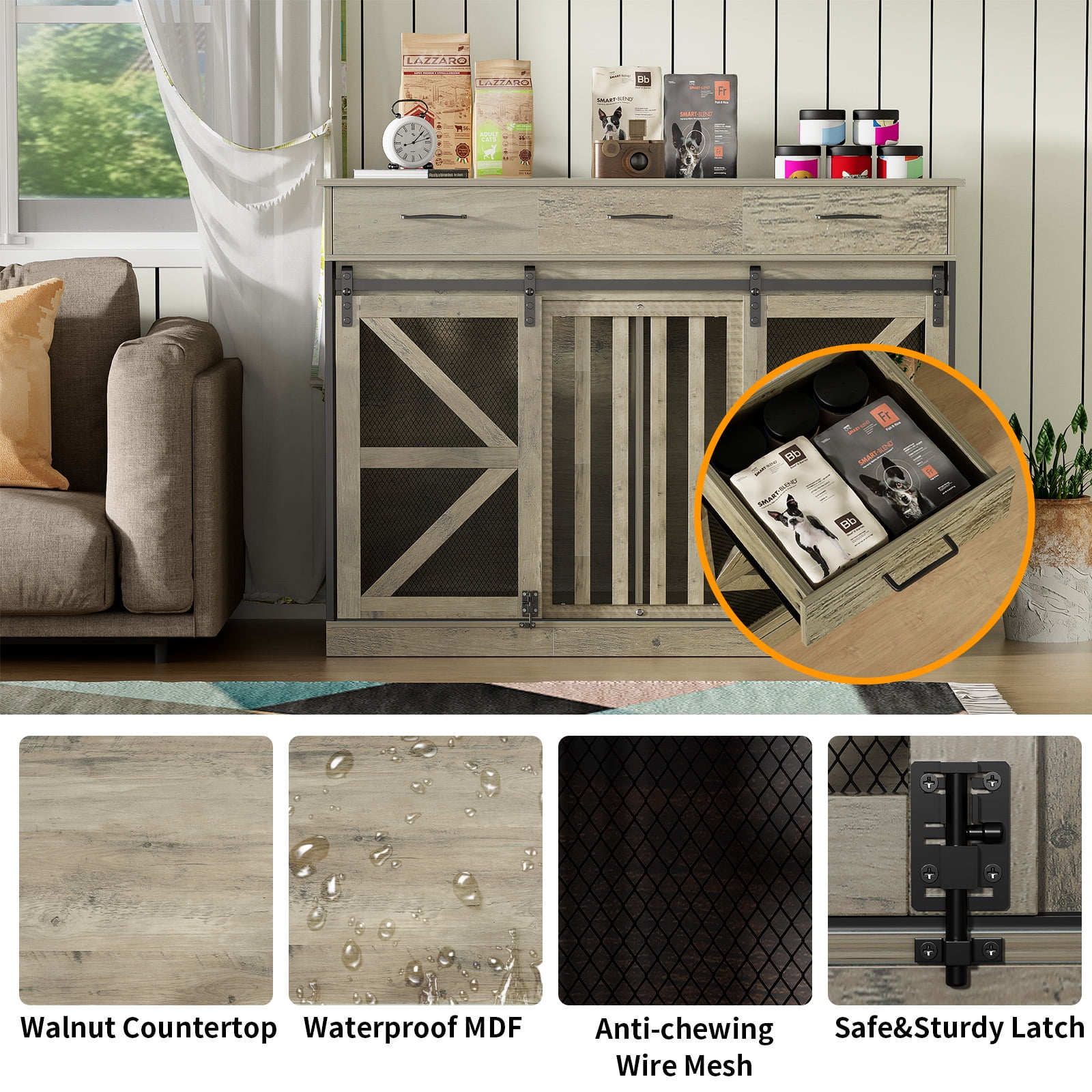 Casendy Dog Crate Furniture with Adjustable Divider for 2 Dogs, Heavy Duty Dog Kennels with 3 Drawers and Sliding Doors, Media Console Dog Cage for Living Room, Gray