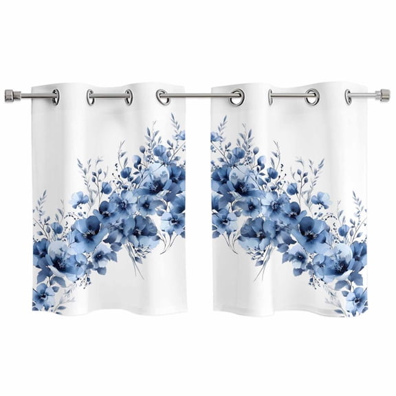 Blue Blooms Floral Kitchen Curtains Window Panels, Farmhouse Spring Flowers Botanical Insulated Window Treatment Curtain, Grommet Curtains for Bedroom/Living Room/Bathroom, 2 Piece 27.5"Wx39"L