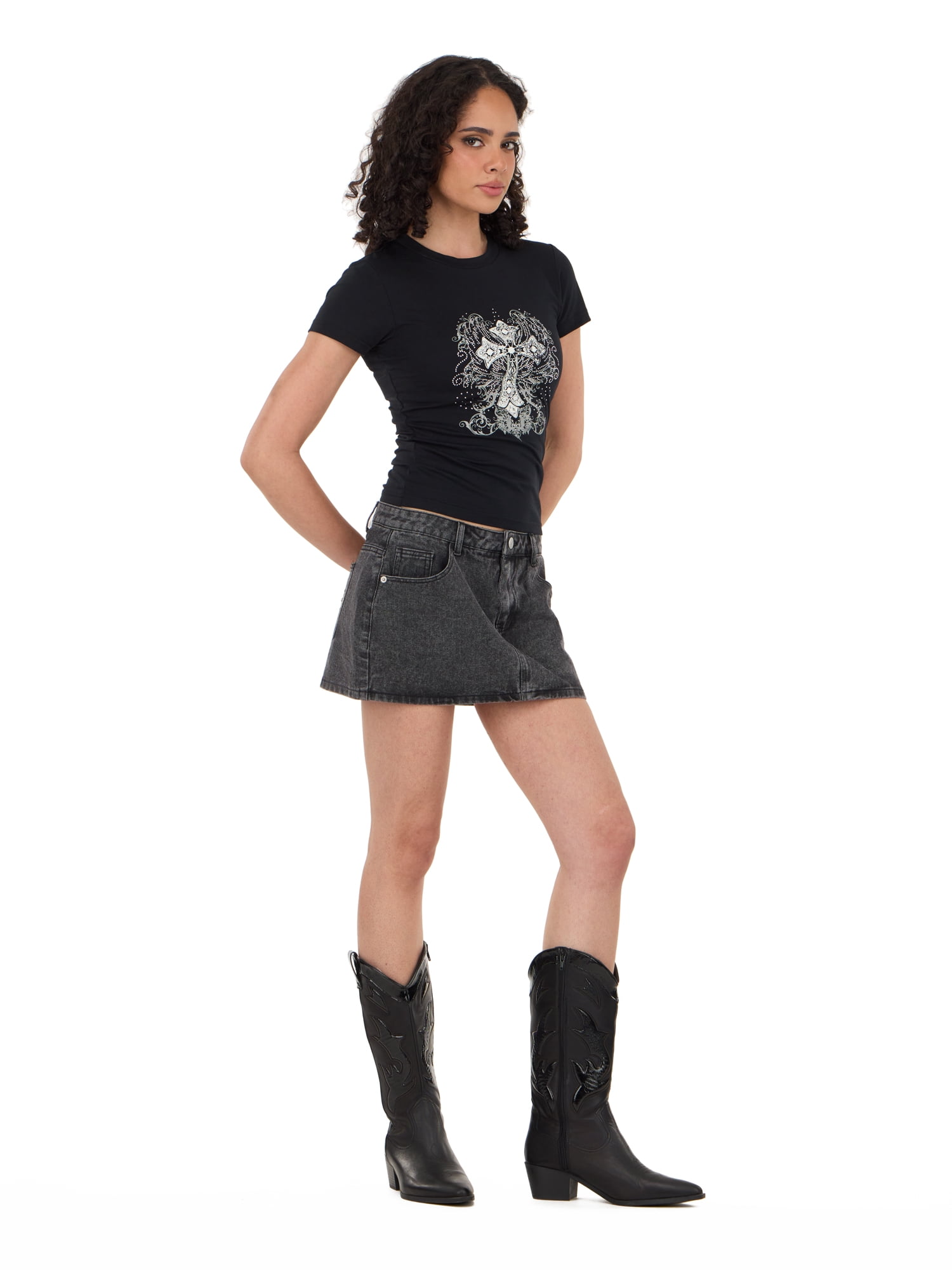 Forever 21 Women's Crew Neck T-Shirt with Graphic Rhinestone Detail, Fitted Short Sleeve Tee, Casual Everyday Streetwear Style Top, Black, XXS-4X