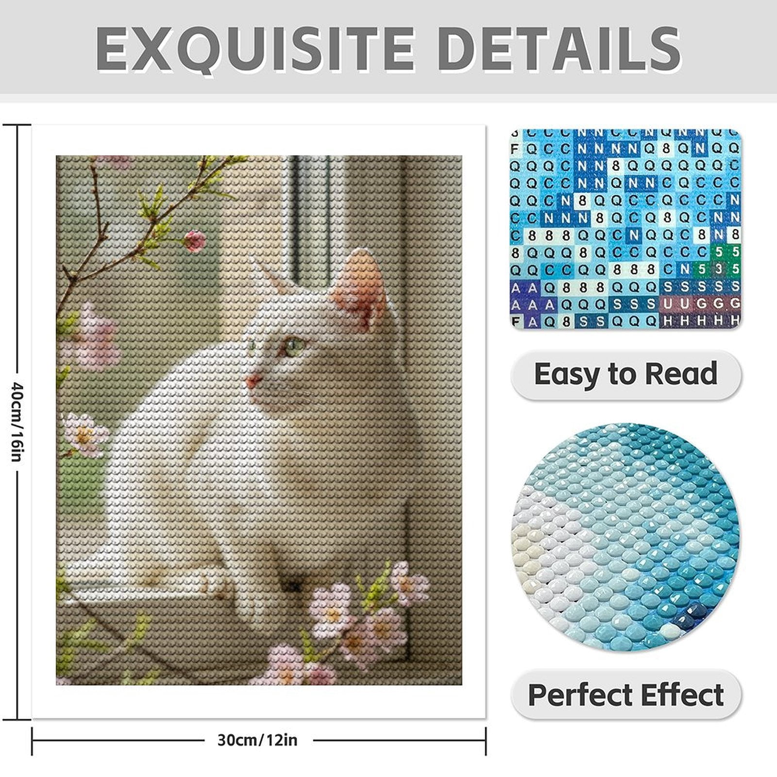 Diamond Art Kit for Adults, Elegant White Cat By Blossoms Diamond Painting for Adults Beginners, 5D DIY Diamond Art Painting Kits, Colorful Diamond Painting Craft for Home Decor 12x16