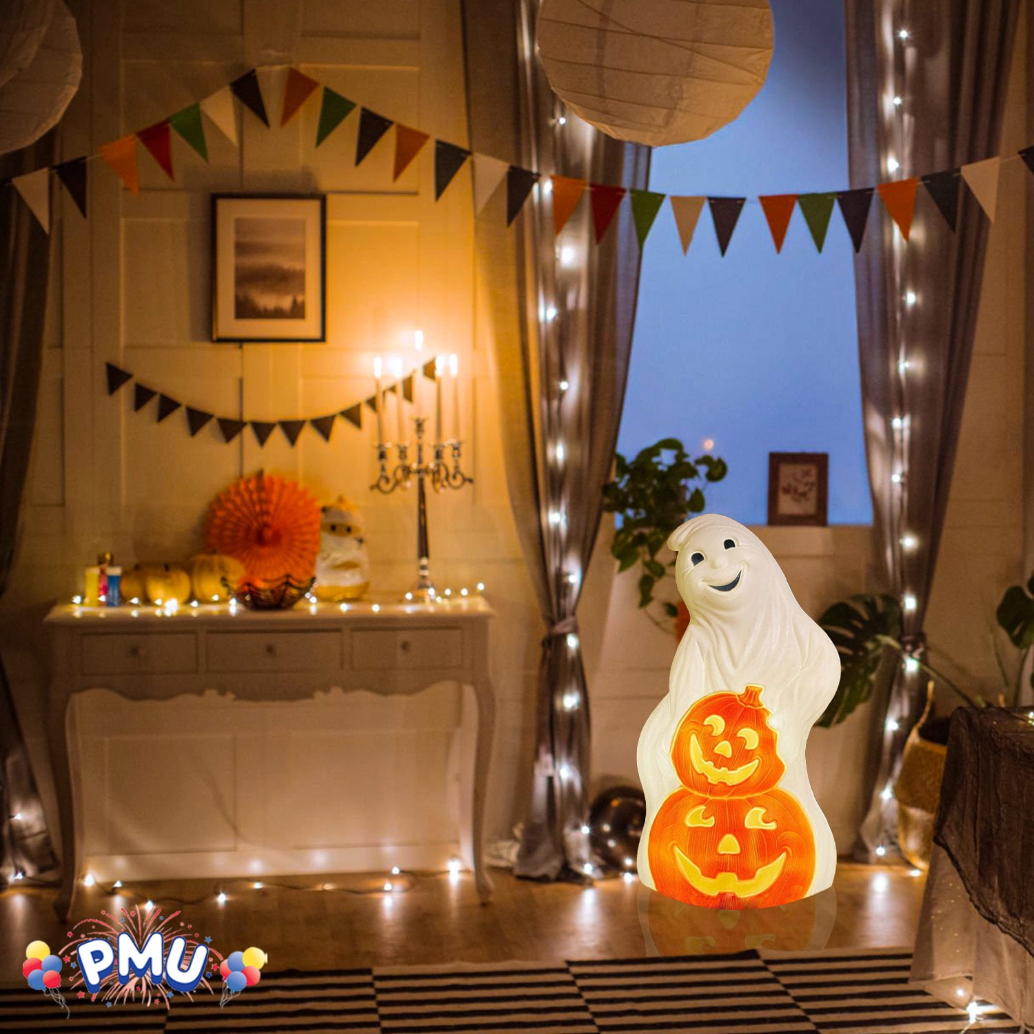 PMU Halloween Ghost with Pumpkins - Jack-O-Lantern Blow Mold Light-Up Decoration - Perfect for Halloween, Home, Yard, Indoor & Outdoor Decor Pkg/1