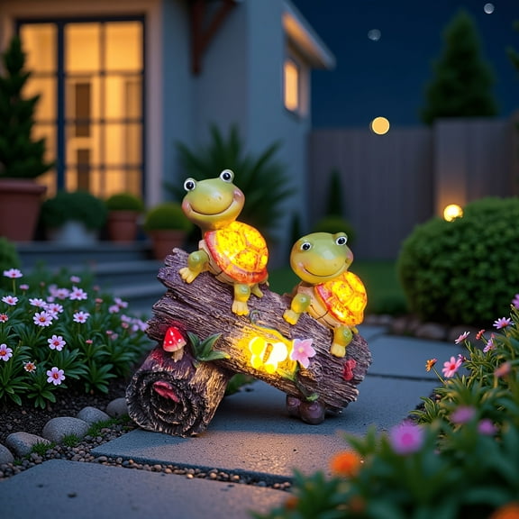 Garden Turtle Statue Solar Outdoor Decor, Sweet Frog Face Resin Tortoise Figurine, Gardening Art Decoration for Patio Lawn Yard