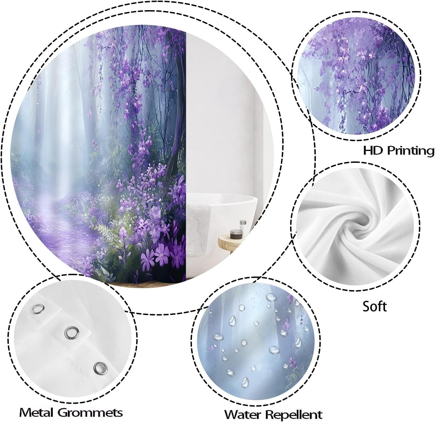 Purple Wisteria Flower Shower Curtain Forest Weeping Lilac Ivy Blurred Background Vine Fantasy Pansy Mauve Floral Jungle Garden Polyester Fabric Bathroom Curtain Sets Hooks-72"W x 72"L (Pack of 1)