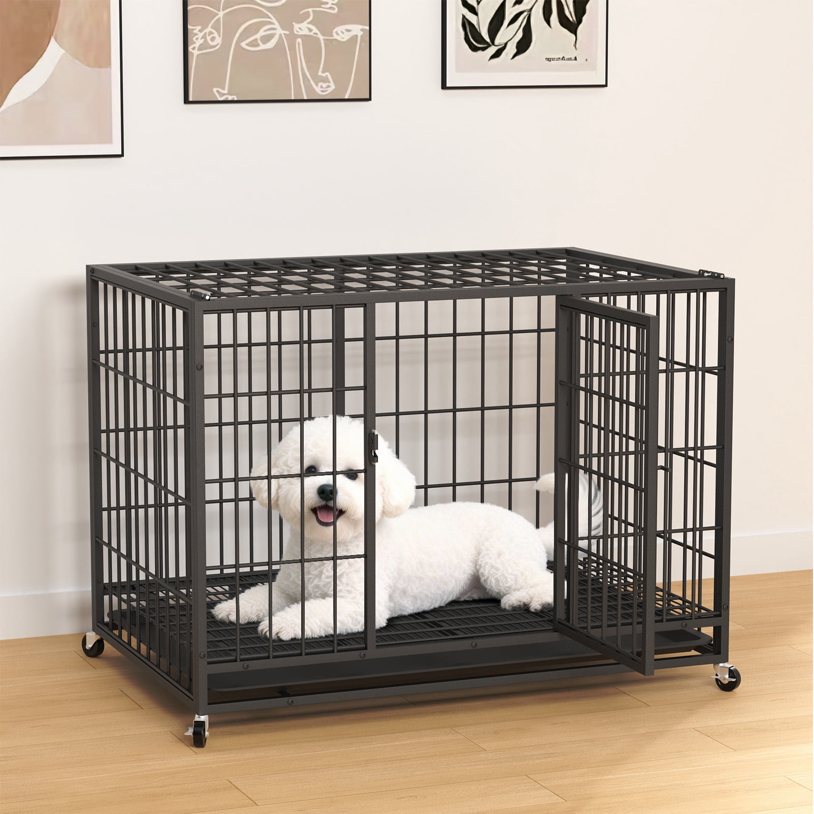 YOKWOK 38 Inch Heavy Duty Wire Dog Crate for Small Dogs, Indestructible Metal High Anxiety Escape Proof Cage with Wheels & Removable Tray, Double-Door Design, XL Dog Kennel for Indoor