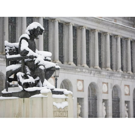 Velasquez Statue Covered in Snow, Prado Museum, Madrid, Spain, Europe Print Wall Art By Marco