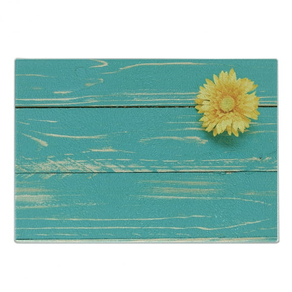 Rustic Cutting Board, Flower on Vintage Wooden Backplane Floral Beauty Redolence Springtime Nature, Decorative Tempered Glass Cutting and Serving Board, Small Size, Turquoise Yellow, by Ambesonne