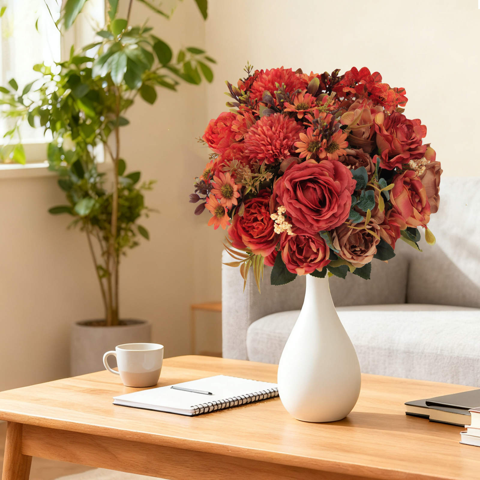 PapakeNook 5 Bunches of Artificial Flowers,Burnt Orange Silk Artificial Rose,Pompom and Small Daisy Flowers, Fall Decorations for Home,Wedding,Garden,Party,Table Bouquet Centerpiece