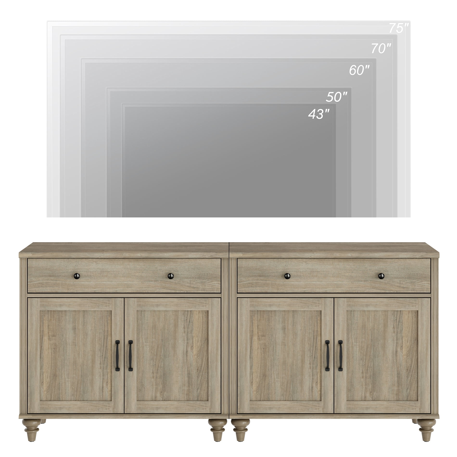 Farmhouse TV Stand for 75 inch TV with 4 Doors and 2 Drawers, Wood Universal TV Stand with Storage Cabinets for Living Room, Bedroom, Wash Gray