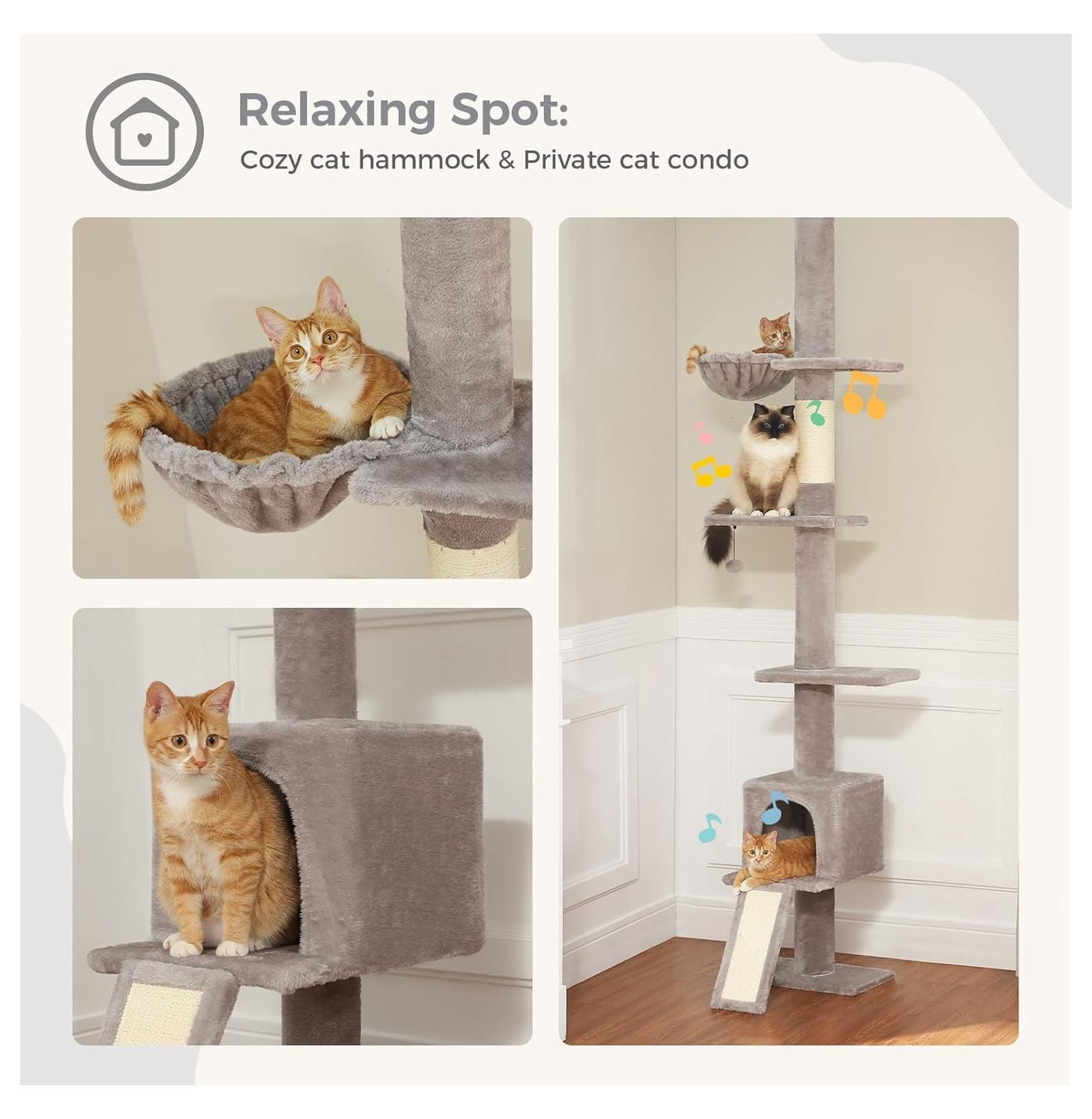 Floor to Ceiling Cat Tree, Tall Cat Tower Adjustable Height 83-108", 5 Levels Cat Climbing Tree with Condo & Hammock, Scratching Post, Grey