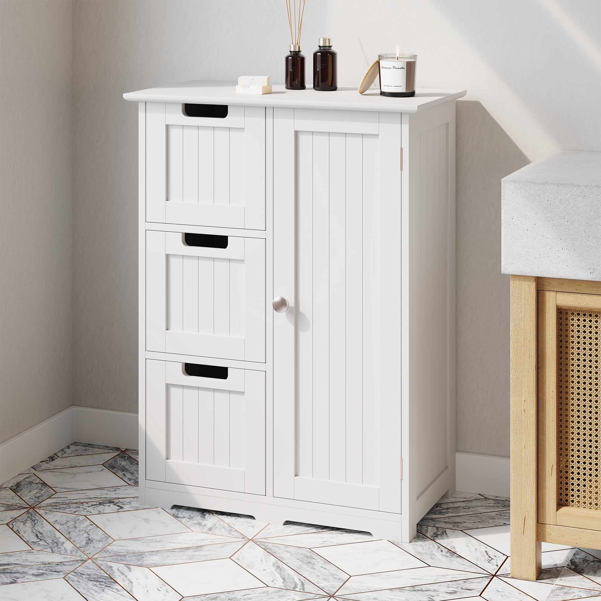 edx Bathroom Floor Cabinet, Wooden Storage Cabinet with 3 Drawers and a Cupboard, Freestanding Cupboard for Bathroom, Living Room, Office, White