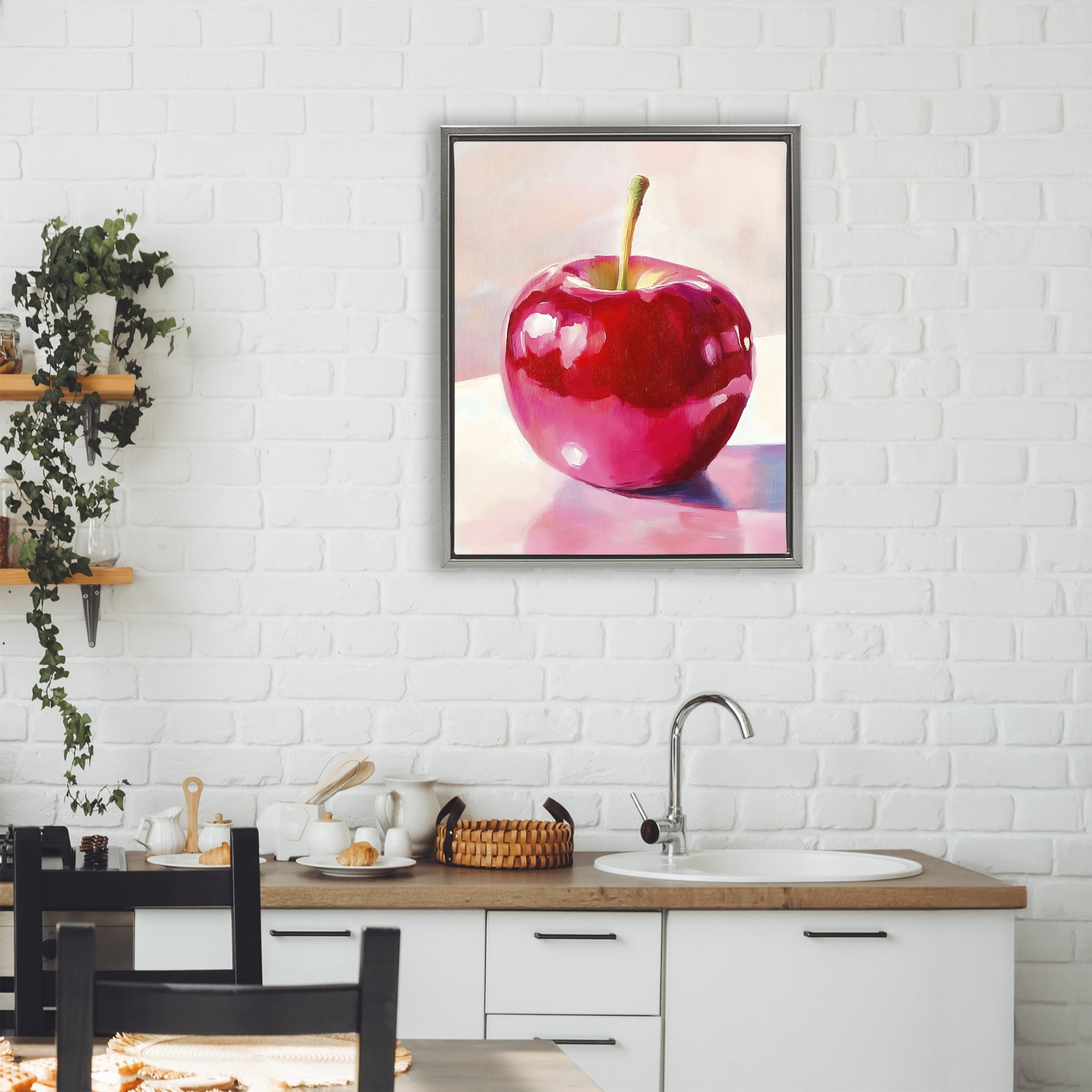 Stupell Industries Shiny Red Apple Reflection Gray Framed Floater Canvas Wall Art, design by The Prints Vibe