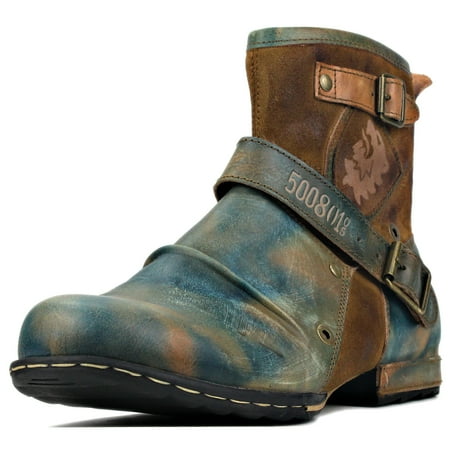 

OSSTONE Moto Boots Chukka Boots for Men Fashion Zipper-up Leather Casual Shoes 5008-1-AV-10.5 Distressed Blue