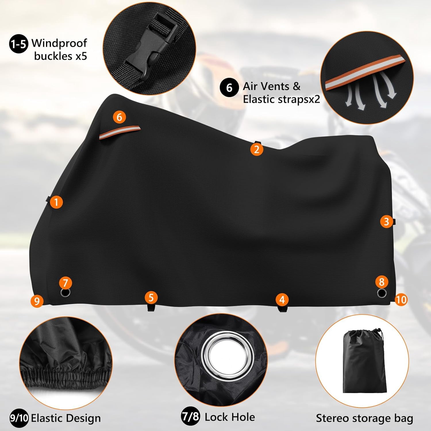 Motorcycle Cover Lock-Holes and Storage Bag All Season Universal Night Reflective Universal Heavy Duty Motorcycle Vehicle Cover-86 L x 41" W x 50" H Black