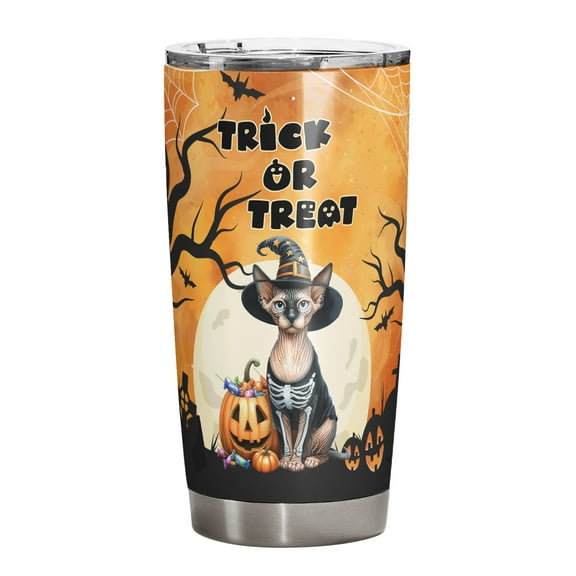 Trick or Treat Sphynx Needs Candy Happy Halloween Night 20oz Stainless Steel Tumbler Insulated Cup with Lid Cat Lover Kitten Owner Gifts Idea - 02020