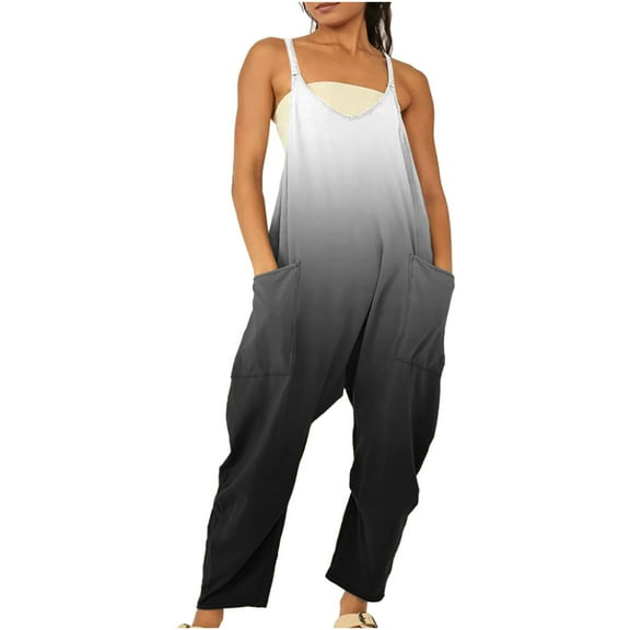 BLTIBY Womens Jumpsuits Spring Summer Long Bib Pants Printed V Neck Double Shoulder Spaghetti Straps with Pockets Wide Leg Overalls Casual Fashion Sleeveless Romper