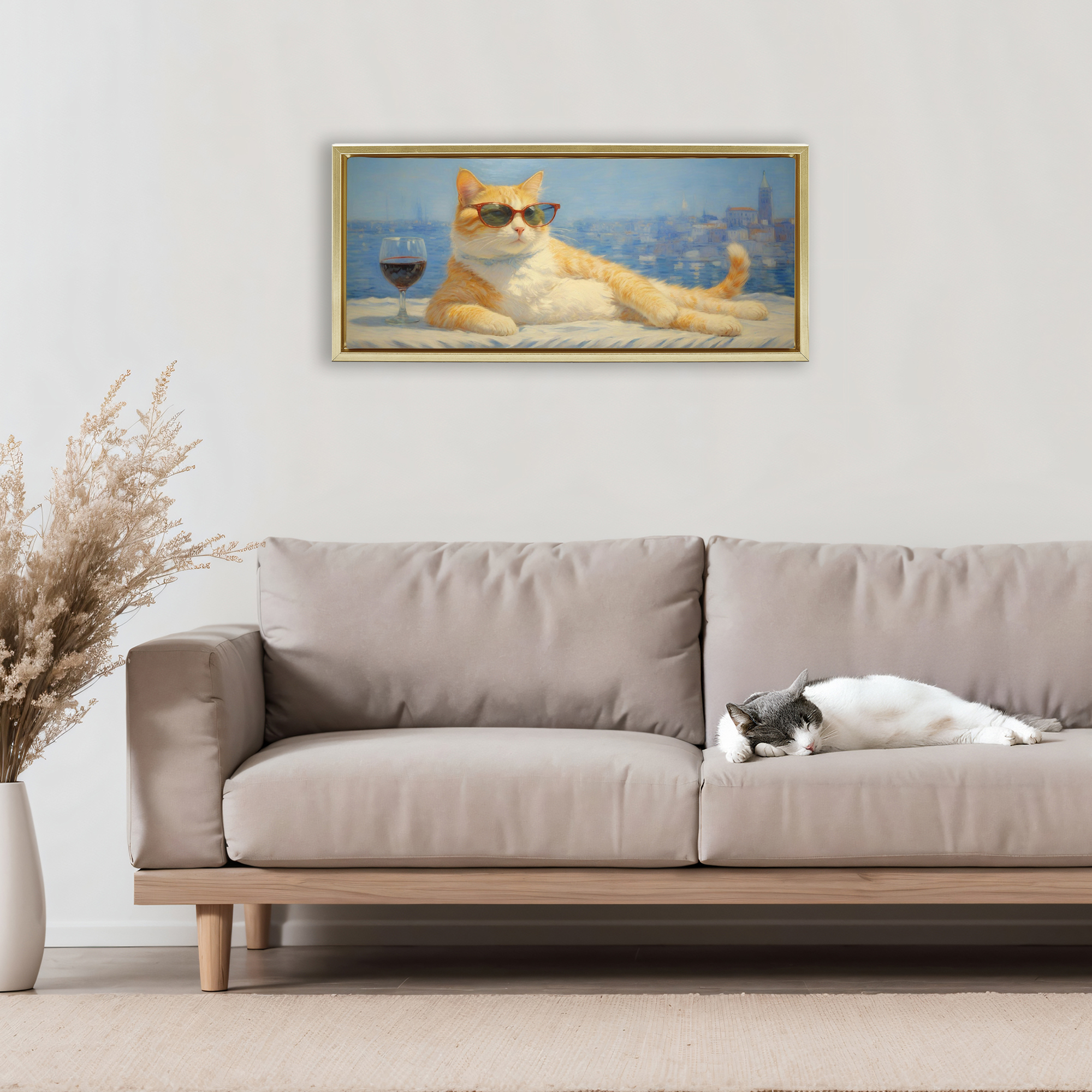 Stupell Industries Lounging Feline with Wine Glass Gold Framed Floater Canvas Wall Art, design by Angie Hawke