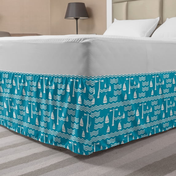 Sailing Bed Skirt, Repeating Lighthouse Abstract Waves Sailboat Open Sea Pattern, Elastic Bedskirt Dust Ruffle Wrap Around for Bedding Decor, 4 Sizes, Sea Blue and Off White, by Ambesonne