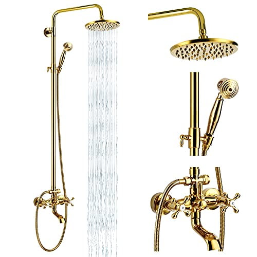 Exposed Shower Faucet Set 8 Rain Shower 2 Double Knobs Handle Gold Polish Triple Function Tub Spout Shower Fixture Combo System Unit Set