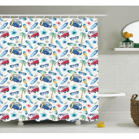 Surf Decor Shower Curtain Set Ocean Sungles Van Surfing Board Surf Decor Shower Curtain Set Ocean Sungles Van Surfing Board Palm Trees Tropical Flower Summer