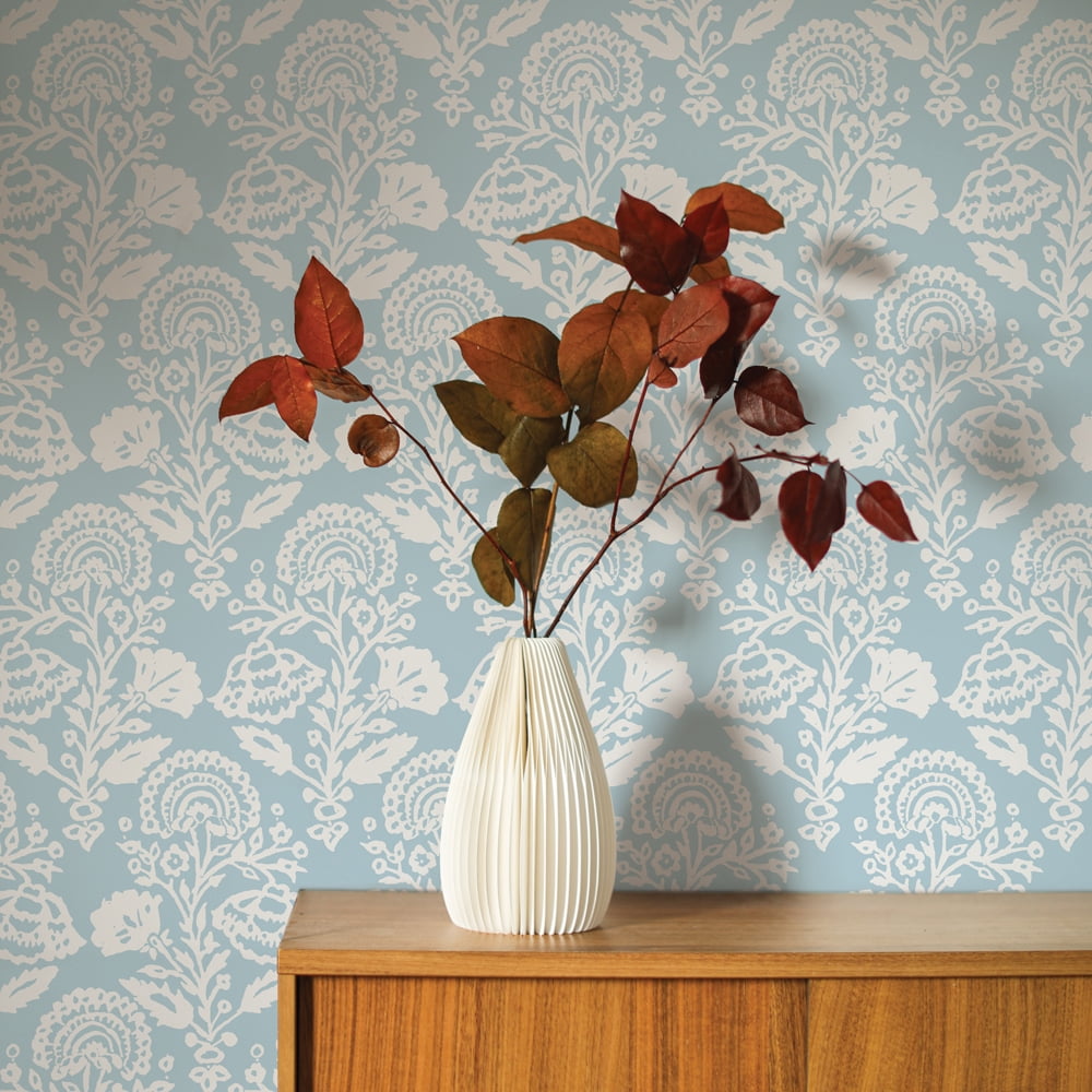 Tempaper Floral Damask Blue Peel and Stick Wallpaper, 20.5" x 16.5'