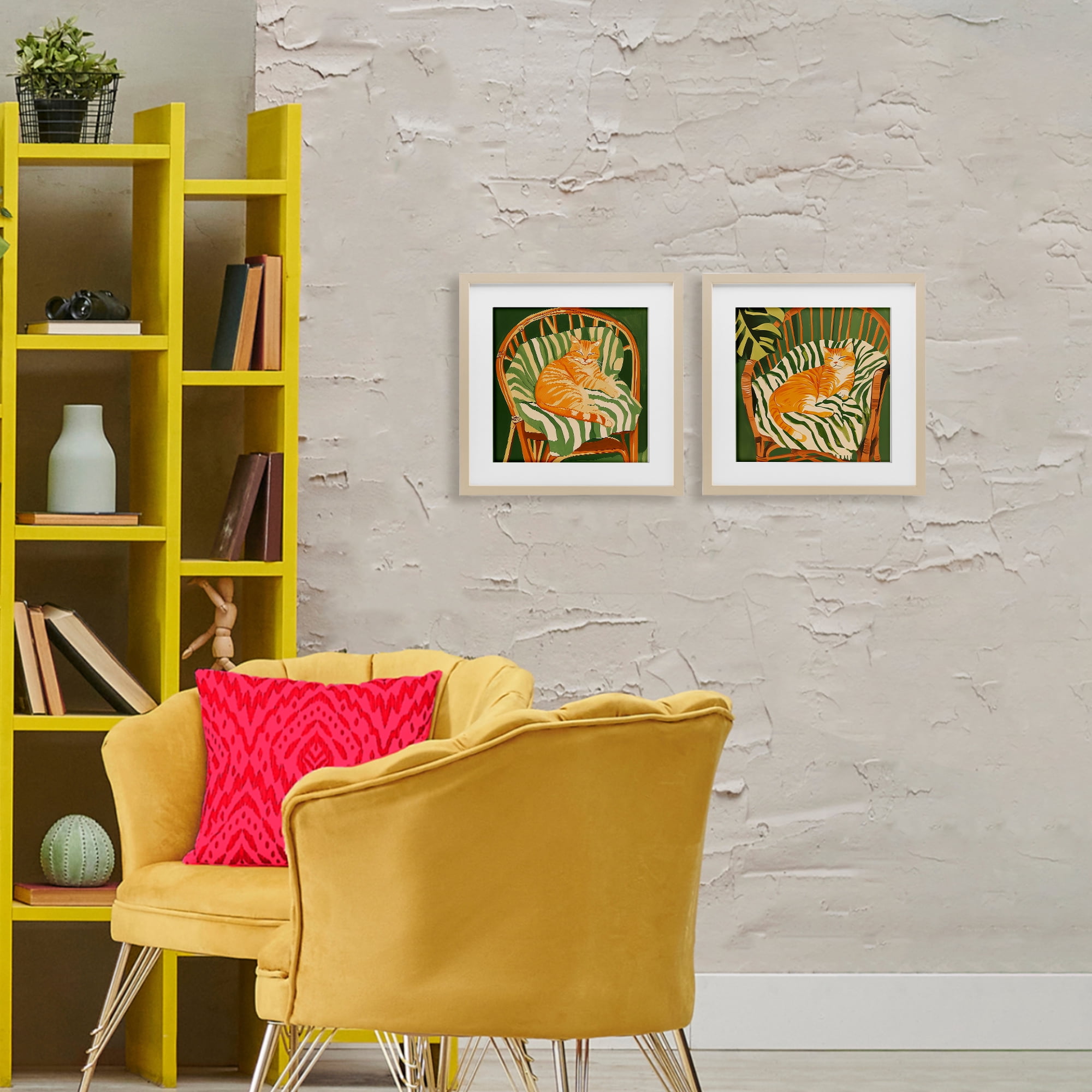 Stupell Industries Cozy Cats in Rattan Chairs 2 Piece Birch Framed Print Under Glass Set, design by Walker Noble
