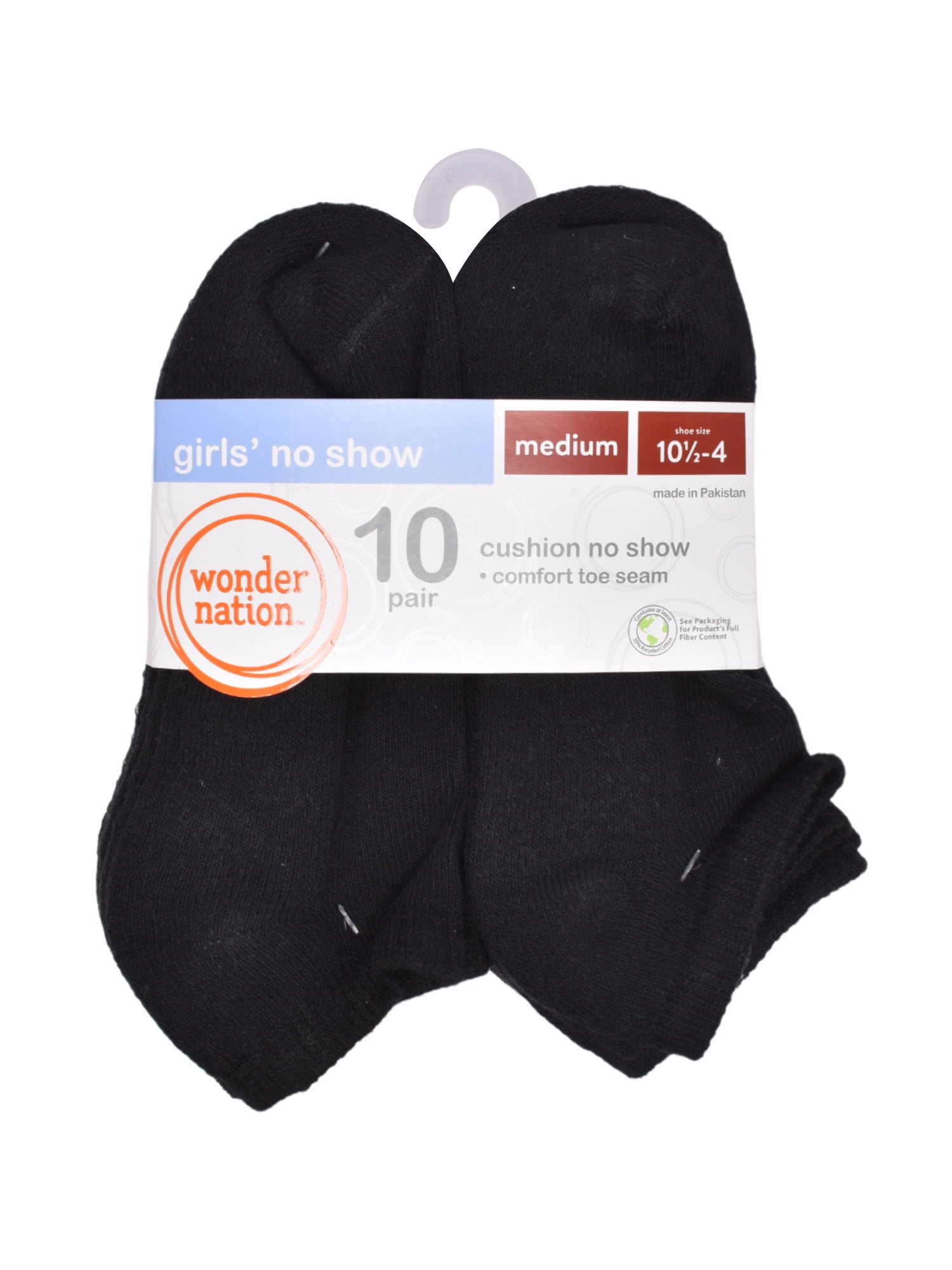 Wonder Nation Girls Cushioned No Show Socks, 10-Pack, Sizes S (6-10.5) - L (4-10)