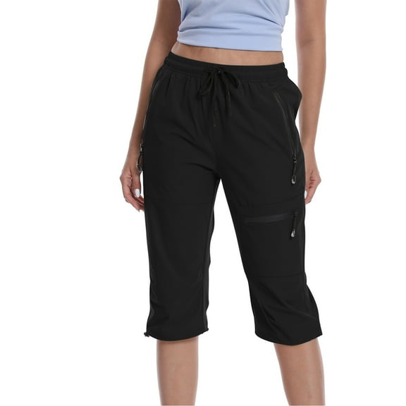 Mrat Cargo Pants for Women Casual Elastic High Waist Wide Cropped Leg Loose Outdoor Fitness Running Climbing Trousers Pocket Pants Go Walk Pants S-35 Black S