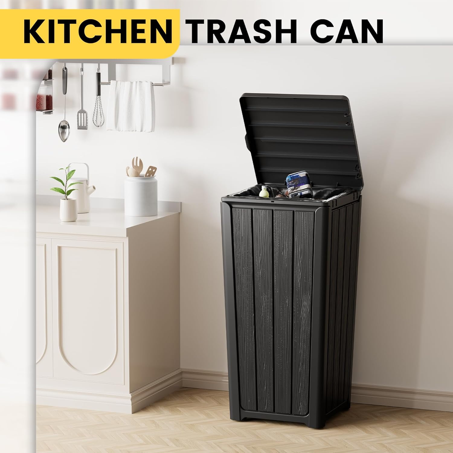 23 Gal Outdoor Resin Trash Can with Tiered Lid – Waterproof Garbage Bin for Patio, Kitchen & Backyard – 15.2×15.2×30.7 in, Easy Install