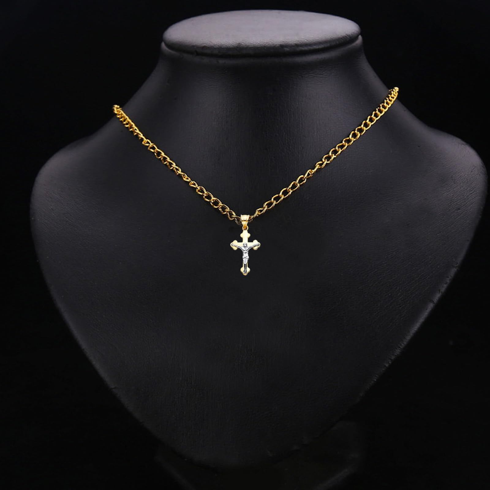 Genuine 14K Two-Tone Solid Gold Crucifix Pendant with Jesus Figure – Real Yellow & White Gold Religious Cross for Men & Women, 25mm x 13mm