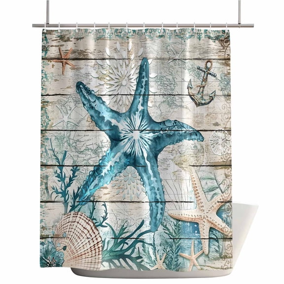 Shower Curtains for Bathroom-72"x72",Nautical Starfish Shell Coral Anchor Waterproof Bath Curtain Grommet Shower Curtain Set with Hooks,Marine Retro Wood Plank Washable Bath Accessories