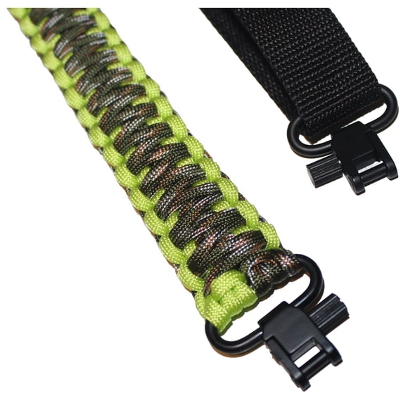 Estobi Outfitters Gun Sling for Rifle Shotgun or Crossbow - Extra Strong 550 Paracord - 2 Point Adjustable Strap with Metal Swivels, Fluorescent Green Camo