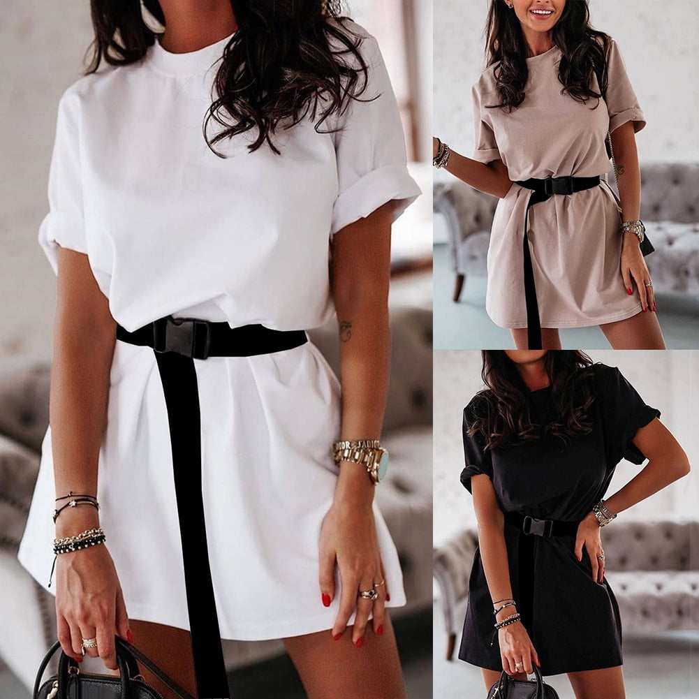 Zeus Women Solid Color O Neck Half Sleeve Belt Home Leisure T shirt Mini Loose Dress Walmart