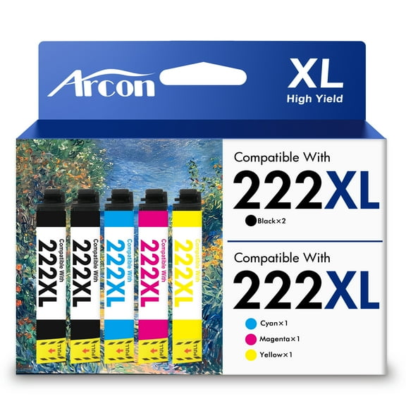 222XL Ink Cartridges 5 Pack Compatible for 222XL 222 Printer Ink T222 T222XL Combo Pack for Expression Home XP-5200 WF-2960 All-in-One (2 x Black, Cyan, Magenta, Yellow)