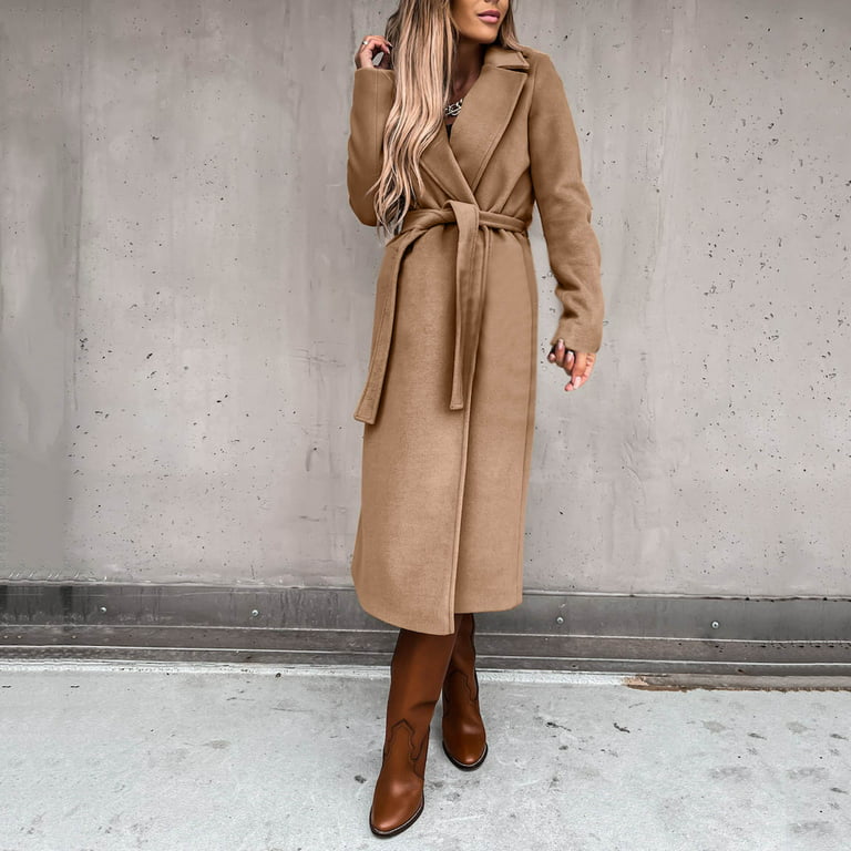 MRULIC winter coats for women Women's Wool Coat Blouse Thin Coat Trench  Long Jacket Ladies Slim Long Belt Elegant Overcoat Outwear Khaki + S