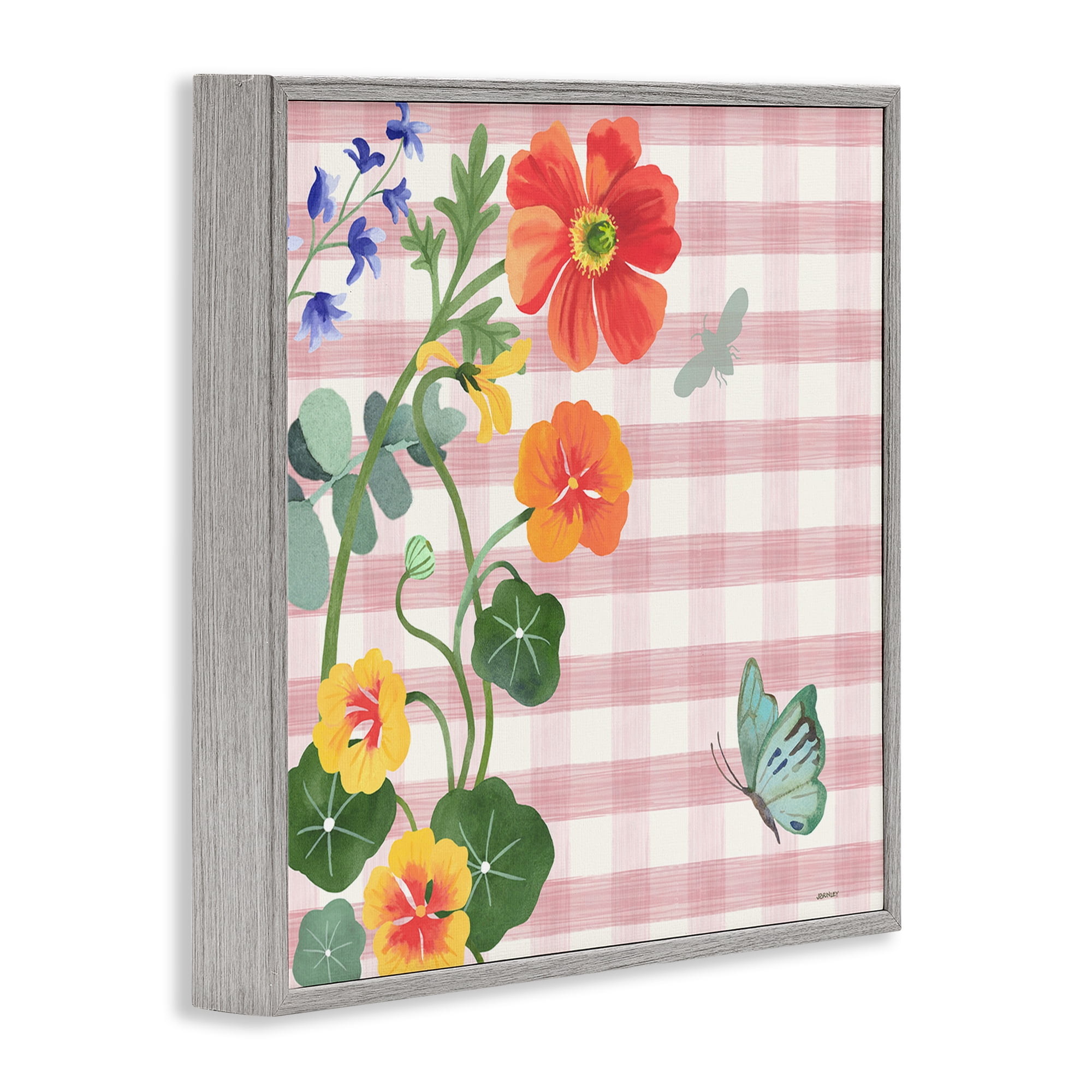 Stupell Industries Garden Poppies on Gingham Botanical & Floral Painting Gray Framed Art Print Wall Art, 12 x 12