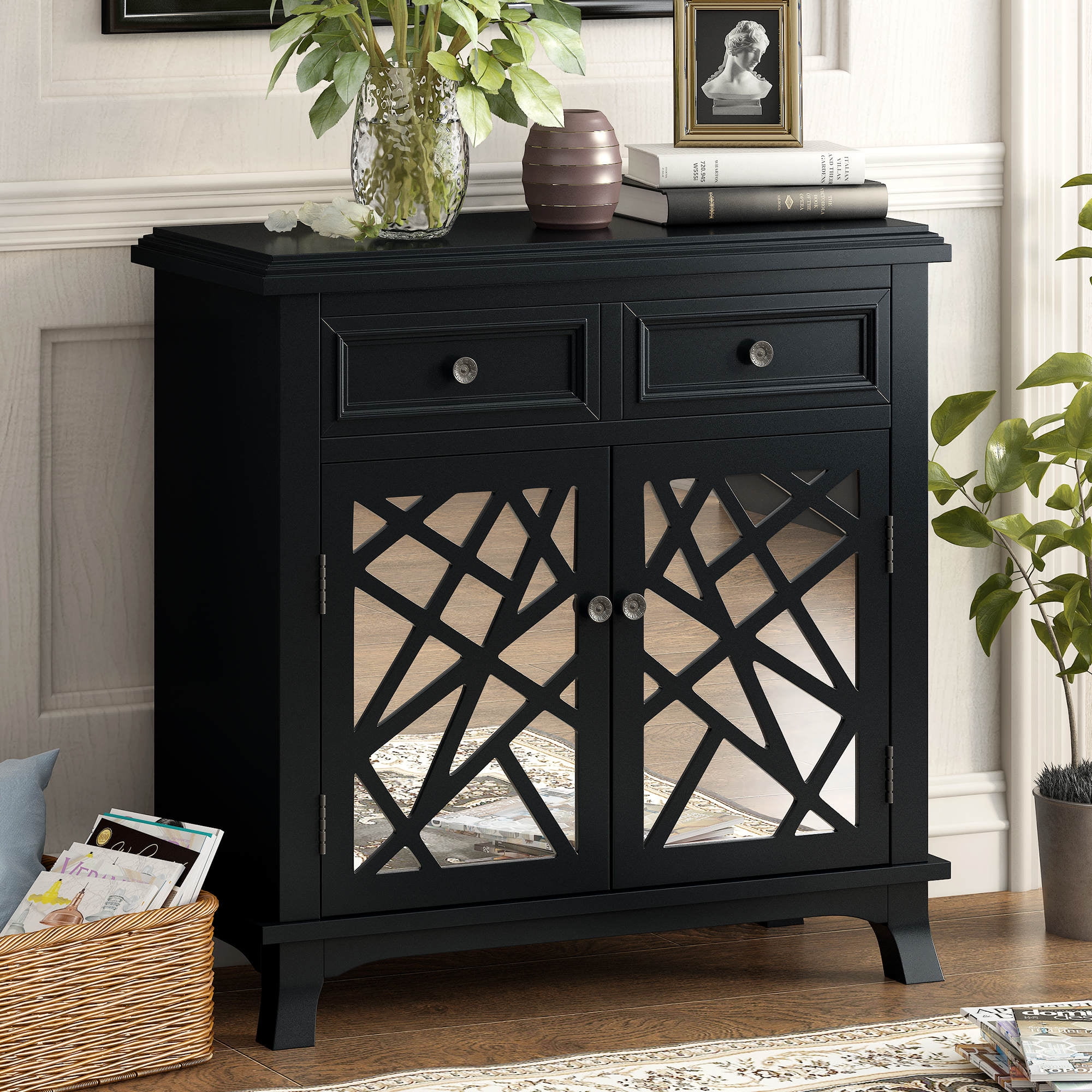 30" Wood Sideboard Storage Accent Storage with Glass Doors, Drawers and