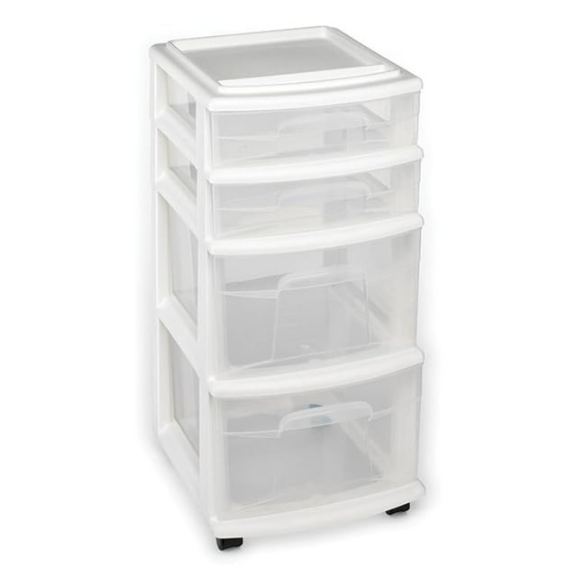 Homz Clear Plastic 4 Drawer Medium Home Storage Container Tower w/Wheels