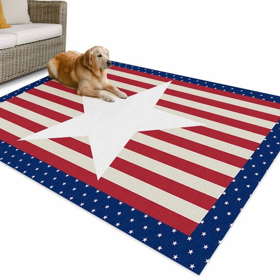 Outdoor Rug 5x7 ft Patriotic American Star Pattern Waterproof Outdoor Patio Rug Mat Non Slip Outside Area Rugs Carpet for RV,Camping,Porch,Deck,Pool,Balconybackyard,Red White Striped