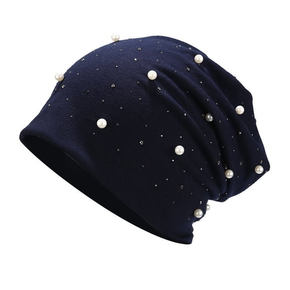 MIASHUI Women's Solid Color Pearl Knitted Beanie Hat for Winter Warmth and Fashion, Stackable Design for Comfort, Suitable for Daily and Maternity Use Navy