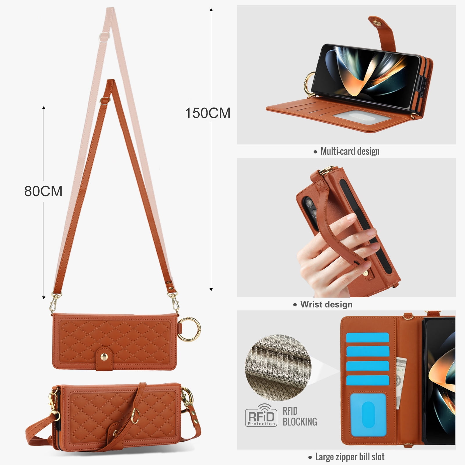 for Samsung Galaxy Z Fold 4 Crossbody Wallet Case, RFID Blocking Card Slots, Ring Buckle Luxury PU Leather Flip Phone Case with Pen Slot Lanyard Strap Wristband Kickstand Cover, Brown