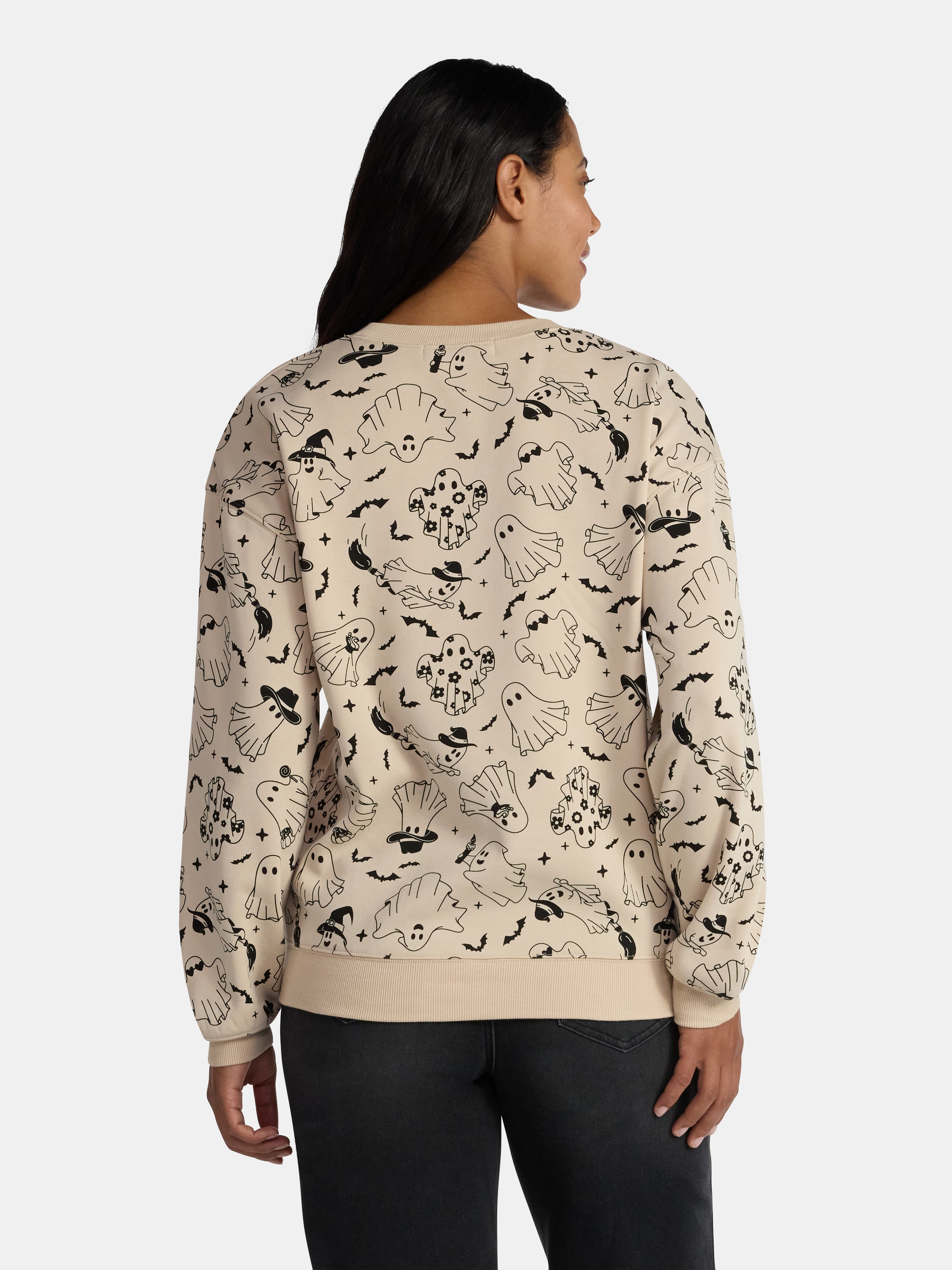 Halloween Women's Happy Ghost Graphic Print Sweatshirt with Long Sleeves, Sizes XXS-XXL