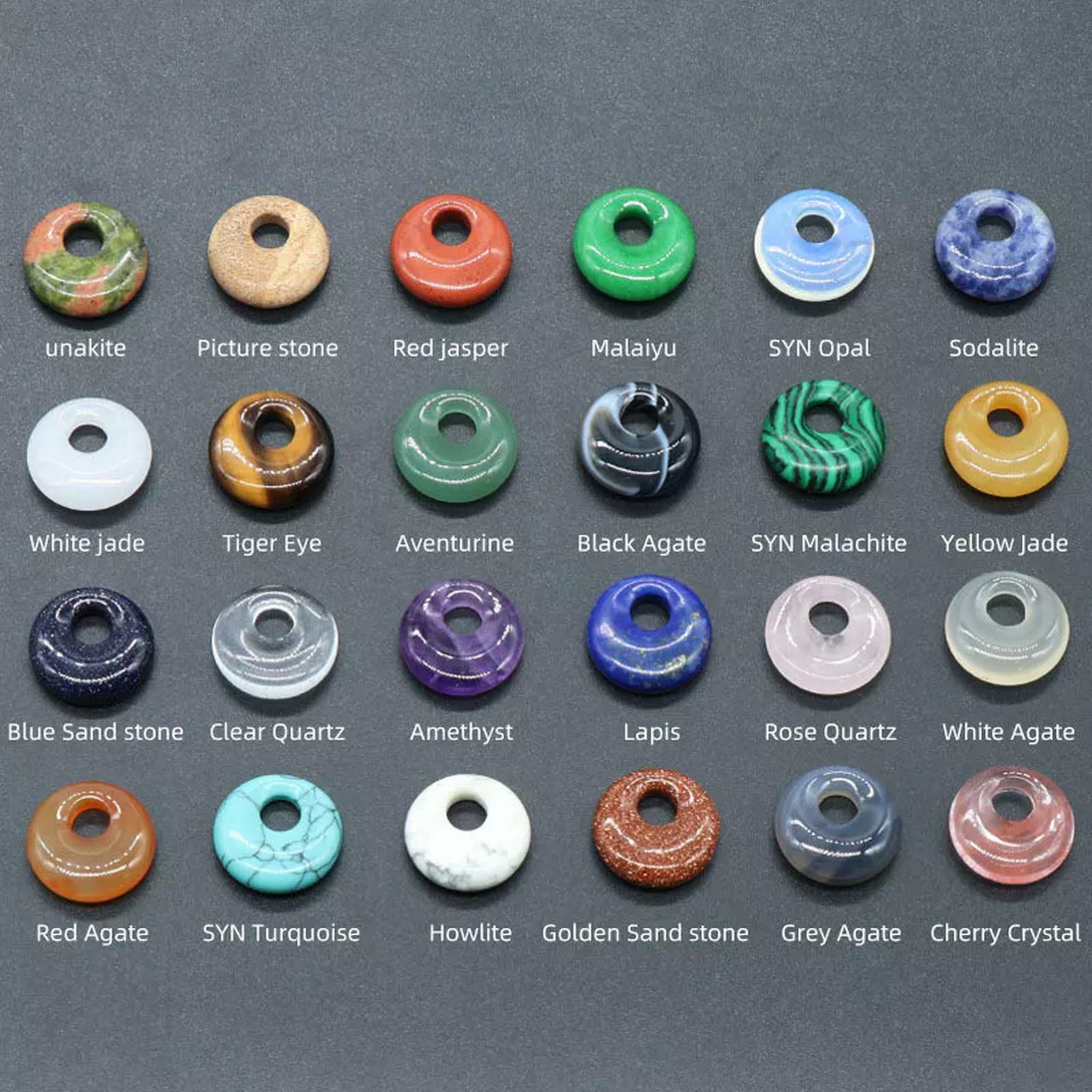 HOOUN 30pcs Mix Stone Natural Ping An Safety Buckle Deviation Round Bead Big Hole