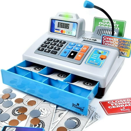 Dr. STEM: Talking Toy Cash Register - Silver - 69pc Store Roleplay Toy, Speaks 3 Languages, Microphone, Play Money & Cards, Ben Franklin Toys, Kids 3 
