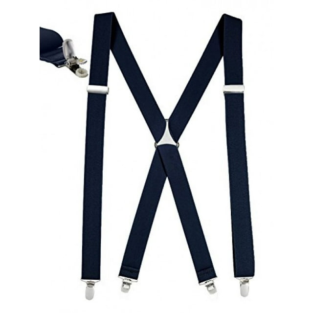 Mens Elastic X Back No Slip "Pin Clip" Straight Clip Suspenders - Navy (Regular, 46" Long)
