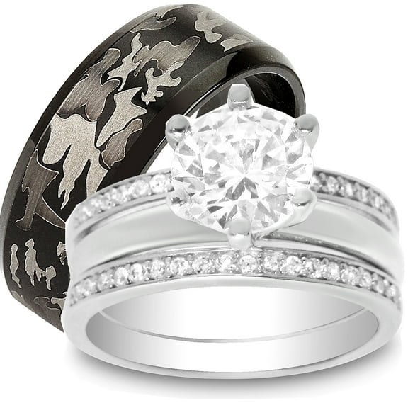 His & Her Sterling Silver 1 Carat CZ Bridal Set & Men's Black Wedding Band Hers 5 His 9