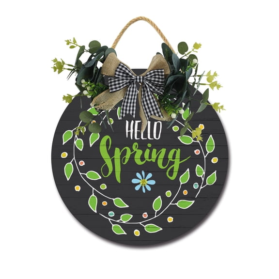Front Door Porch Decorations Hello Spring Door Hanging Sign 11 inch Wooden Wall Sign, Rustic Holiday Wreath Decor for Front Door Porch Home Window Wall Farmhouse Decorations