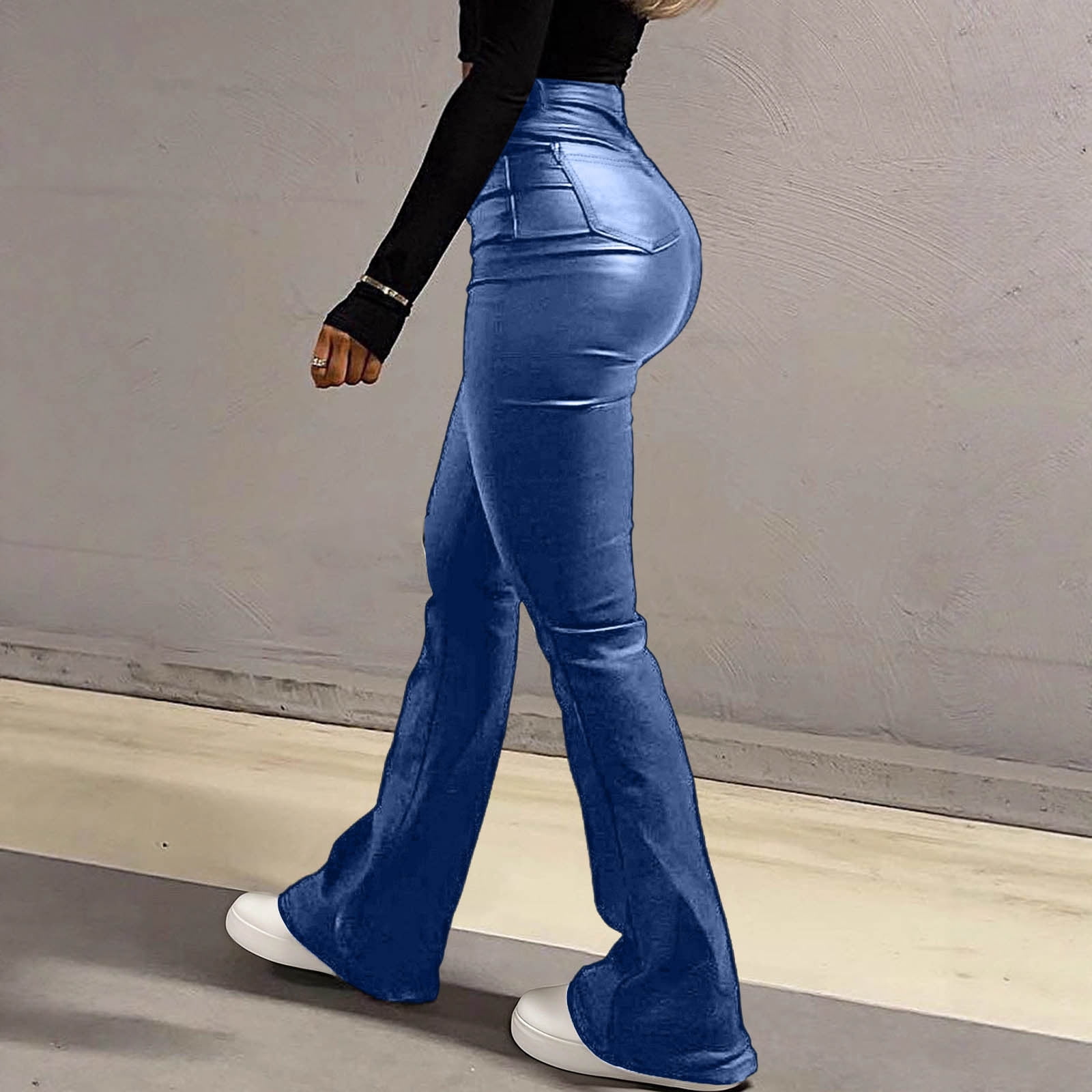 2026 Women Faux Leather Pants PU High Waist Straight Leg Pant with Pockets Fashion Flare Pants Trendy Streetwear