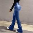 thumbnail image 4 of AHTJRT Leather Pants for Women Midweight Flare Bottoms with Pockets Metallic Retro Style Waterproof Motorcycle Full Length Trousers Light Blue XL, 4 of 7