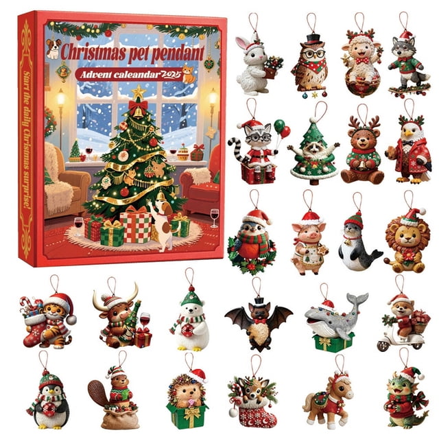 Calendario de Adviento con Colgantes de Mascotas para Navidad 2025 | 24 Colgantes de Mascotas Pintados a Mano | Regalo Ideal para Amantes de Las Mascotas | Incluye Caja de Regalo