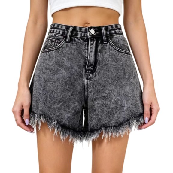 Women's High Waisted Denim Shorts, Acid Wash Wide Leg Cutoff Shorts with Frayed Hem